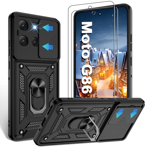 Jshru for Motorola G86 5G Phone Case,Full Lens Protective Cover Black | Military Grade Shockproof Anti-Scratch,Slide Camera Cover,Ring Kickstand/Holder/Stand,2 Pcs Screen Protector