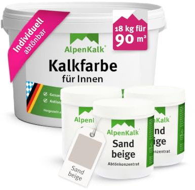 AlpenKalk Sand-Beige Kalkfarbe für Innenräume I 18 kg inkl. 3 Dosen Pigmente für ca. 90m² I Atmungsaktiv & Anti-Schimmel Formel für ein natürliches Raumklima I Für Allergiker & Kinder