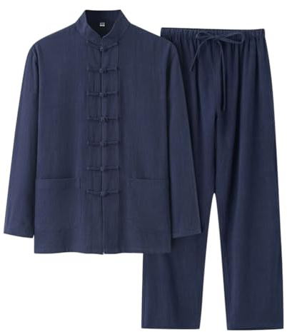 Oanviso Completi Uomo Tuta Cotone e Lino Completi 2 Pezzi Pantaloni Camicia Henley Stile Cinese Tute da Jogging Casual Suits Kung Fu A Blu XL