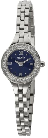 REGENT F-1672 Damenuhr Edelstahl Silberfarben/Blau mit Kristallen besetzte Lünette 19 mm Quarz