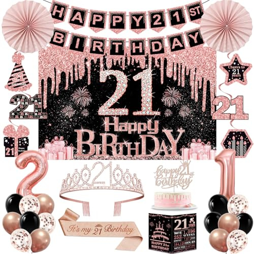 21st Birthday Decorations for Women, Rose Gold 21st Birthday Party Kits | 32pcs Happy 21 Years Old Party Decorations Set, Backdrop, Crown, Sash, Banner, Cake Topper, Balloons, Card, Paper Fans