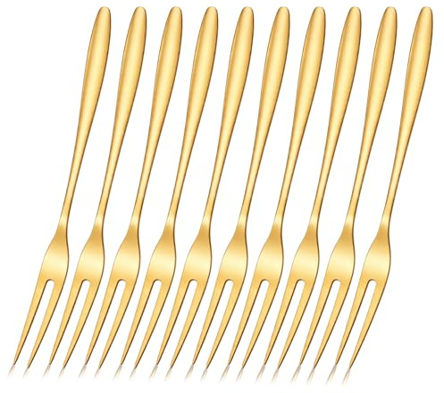 10Pcs Stainless Steel Tasting Appetizer Fork | Portable Dessert Salad Fruit Fork, 2-Tine Cocktail Forks with Long Handle, Golden Fruit Forks Salad for Escargot Olive Prawn
