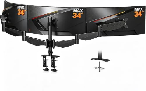 Bracwiser Triple Monitor Mount for 17 to 34 inch Screens, Holds up to 12kg, Height Adjustable Triple Monitors Stand for Desk with Tilt, Swivel, Rotation, Clamp & Grommet Kit, VESA 75 &100mm, MDX003P