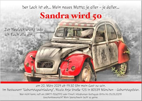 Geburtstagseinladung zum dreißigsten vierzigsten fünfzigsten sechzigsten, lustig und originell Männer Frauen - altes Auto, als digitale Datei (JPG Foto) oder gedruckt auf Feinstkarton, 1 - 100 Stück