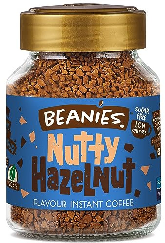 Beanies Instant Coffee Flavoured 50g, Freeze-Dried Granules, Quick & Easy to Brew, Nut-Free, Premium Taste,Rich in Flavour, Low-Calorie, Sugar-Free (50g, Nutty Hazelnut)