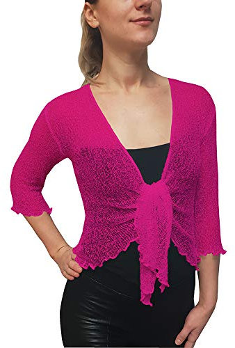 Mimosa Señoras Mujeres Crochet Bolero Brillo y Liso de Encaje Elastico Cardigan Abierto (Talla Unica ES 36-44, Hot Pink)