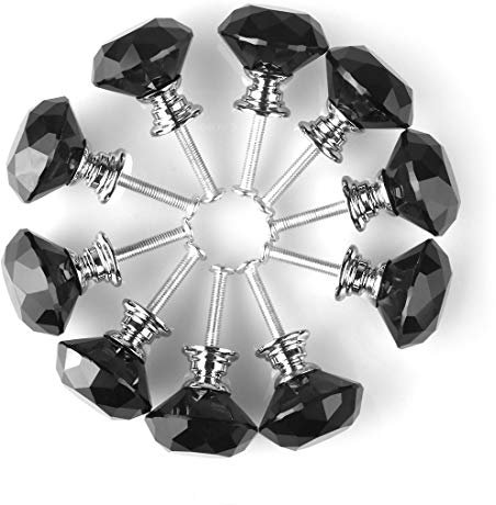 Sourcingmap Diamond Shape Crystal Glass 30mm Kitchen Cabinet Door Drawer Knob Cupboard Dresser Wardrobe Pull Handle with Screws, 10pcs Black