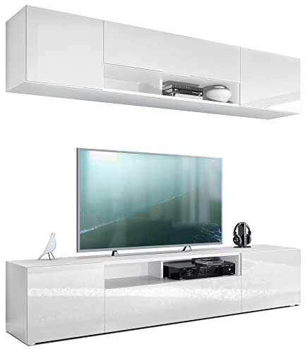 Vladon Wohnwand Mogan, Weiß matt/Weiß Hochglanz - Moderne Anbauwand bestehend aus 2 TV-Boards (181 x 147 x 35 cm)