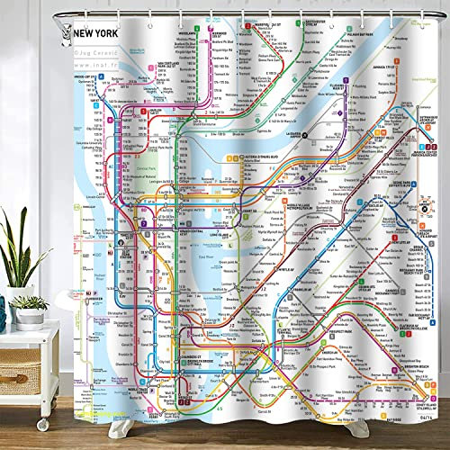 New York U-Bahn Karte Duschvorhang Weiß U-Bahn Karte Duschvorhänge für Badezimmer Wasserdichtes Polyestergewebe Duschvorhang-Sets mit Haken 152,4 x 183,9 cm