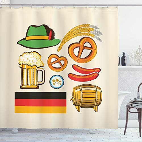 ABAKUHAUS Deutsche Duschvorhang, Weizenbier Brezeln, Stoffliches Gewebe Badezimmerdekorationsset mit Haken, 175 x 180 cm, Beige Mehrfarbig