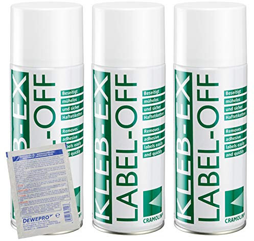 KLEB-EX – VPE: 3 x 200 ml spray – Solvente colla e solvente per etichette – ITW Cramolin – 1341411 – Rimuovi etichette e colla con 1 pz. DEWEPRO® SingleScrubs