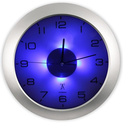 Fishtec - Beleuchtete Wanduhr, funkgesteuert, 4 Blaue LEDs, Dämmerungssensor, 3 Beleuchtungsarten: dauerhaft/aus oder automatisch, 30 cm/cm - Dekoration, Büro, Küche