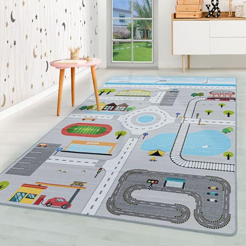 HomebyHome Kurzflor Kinderteppich für Jungen und Mädchen 120 x 170 cm Grau Strassen Design - Waschbarer Teppich Extra Weich und Antiallergen - Teppich für Kinderzimmer, Babyzimmer und Spielzimmer