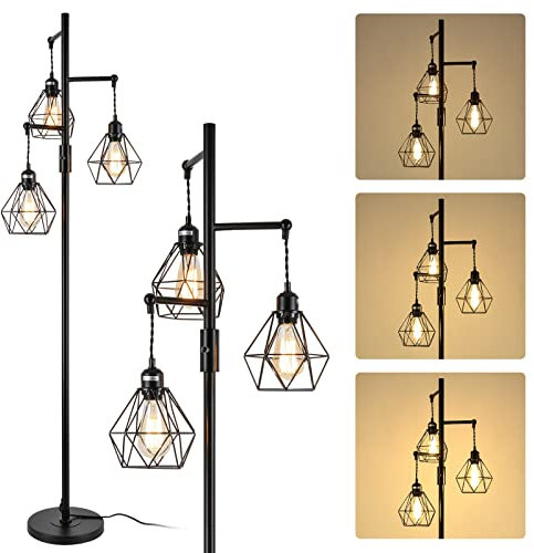 Rayofly Dimmbare Diamant Stehlampe, Industrielle Schwarz Stehleuchte mit 3 Käfig Lampenschirmen und Dimmer, Hohe 162cm, Metall Vintage Stehlampen für Wohnzimmer, Schlafzimmer, Esszimmer, Ecke
