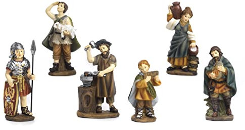 Set mit 6 Figuren Krippenfiguren, Soldate, Spieler, Schäferhund aus Harz 9 cm