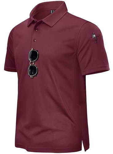 TACVASEN Herren Joggingshirts Polohemd Freizeitshirts Kurzarmshirts Outdoor Frühling mit Tasche (Weinrot, XXL)