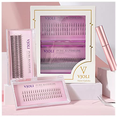 Extensiones de Pestañas Postizas Naturales VJOLI Rizo C 11mm -14mm con Pegamento para Pestañas Pestañas Volumen Ruso Premade Volume Fans 0,03mm