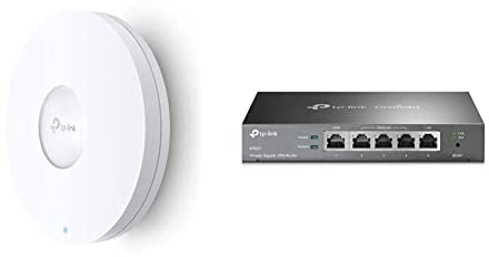 TP-Link EAP660 HD AX3600 Gigabit Dualband WiFi 6 WLAN Accesspoint weiß & ER605 5 Port Dual/Multiple WAN VPN Router(bis zu 4 Gigabit WAN Ports, hochsicheres VPN) schwarz, ideal für Büronetzwerk