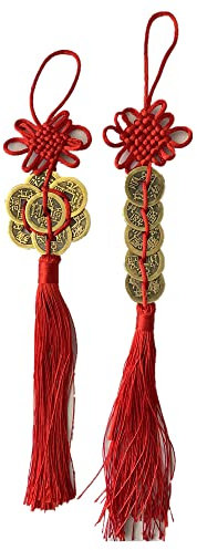 Stormflag Chine Lot de 2 Breloques Porte-Bonheur Empereur Argent Richesse Success Nœud Chinois Rouge Les Pompons Fortune Pièces Feng Shui Décorations de Voiture Pendentifs, Polyester