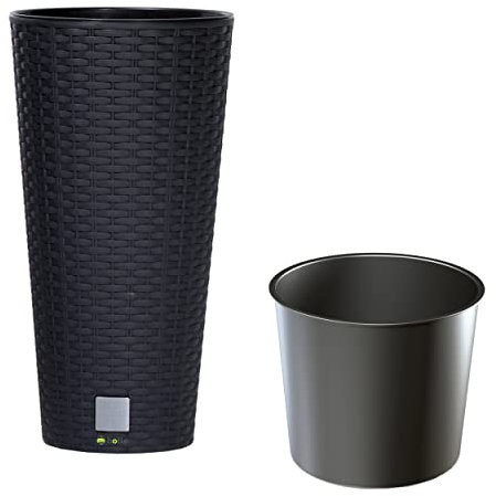 botle Pot de fleurs design fin Rato sur pied - 8 l - Anthracite - Hauteur : 38 cm - Aspect rotin - En plastique - Avec insert