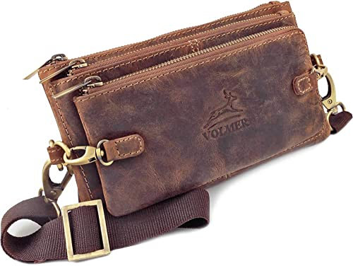Fa.Volmer ® Bauchtasche/Gürteltasche/Hüfttasche aus Büffel Leder I Damen und Herren I Große Fächer und sicherer Reißverschluss I Braun I Retro Look I Modell: Madison
