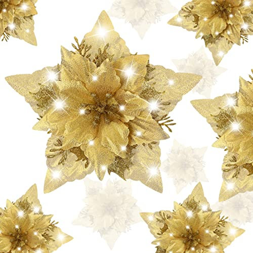 STOBOK Weihnachtsglitzer- Weihnachtsstern- Kunstblumen: 12 Stück Goldene Weihnachtsbaum- Kranz- Girlanden- Blumen- Ornamente mit Clips Und Stielen für Weihnachten Hochzeit Neujahr Urlaub Party
