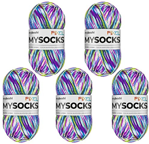 myboshi mysocks Pixel, 6-fädige Sockenwolle, strapazierfähig, Garn aus Schurwolle, filzfrei, 150g, Ll 390m Lila (Dotty), 5 Knäuel