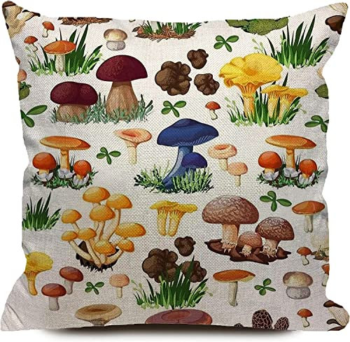 KEIROUTK Cushion Covers 45X45 Mushroom Cotten Linen Cushion Cover Forest Wild Species Decorative Square Throw Pillow Case Pillowcase For Couch Livingroom Sofa Bed 18X18 Inch