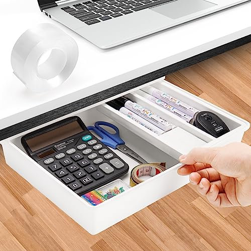 Onlyesh Schublade unter Schreibtisch, Schreibtisch Organizer, Selbstklebend Schublade Schreibtisch Unterbau, Versteckte Unterbau Schublade für Büro Tisch Schminktisch Zuhause Büro, Weiß