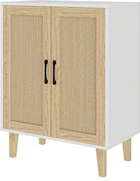 Panana Buffet Cabinet Sideboard with Rattan Decorated Doors Kitchen Storage Cupboard Accent Cabinet (White)