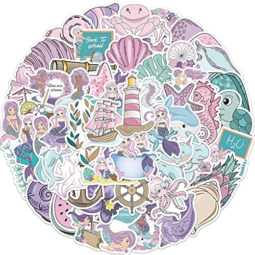 50Pcs Mermaid Stickers Laptop Car Scrapbook Phone Skateboard Suitcase Luggage Bike Ocean Mermaid Stickers Vinyl Waterproof Aesthetic Personalised Stickers for Teens Boys Girls Adults Children