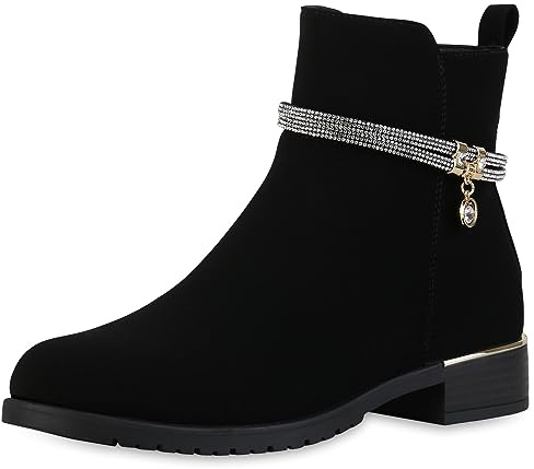 VAN HILL Damen Klassische Stiefeletten Blockabsatz Strass Trendy Schuhe 840507 213001 Schwarz 39