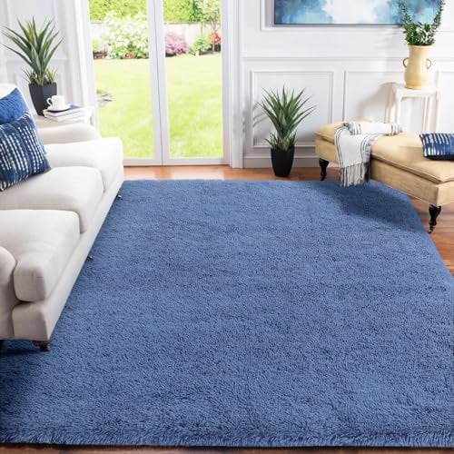XSIVOD hochflor Wohnzimmer Teppich, Schlafzimmer Bettvorleger, Moderner zottelig flauschig weich Teppiche für Kinderzimmer Anti-Rutsch Unterseite waschbarer, 140x200 cm, Kobaltblau
