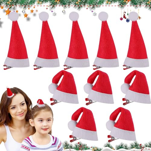 Seasboes 10 Stück Haarspangen Weihnachten, Mini Weihnachtsmütze Haarspangen, Rot Santa Hut Haarklammern, Weihnachten Haarschmuck Kinder, Santa Hut Haarspangen Haarnadeln Kinder und Erwachsene