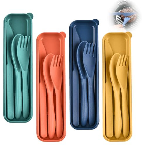 4 Stück Tragbares Kunststoff Besteck Campingbesteck, Tragbare Reisebesteck Für Unterwegs, Wiederverwendbare Löffel Gabel Bestecktasche Set Für Camping Picknick Outdoor Geschirr Mehrere Farben