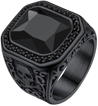 Richsteel Biker Ring Schmuck für Männer Jungen Schwarzer Achat Erhöht mit Zirkon Schwarz Totenkopf X Bone Edelstahl Größe 54.5 Farbe Schwarz