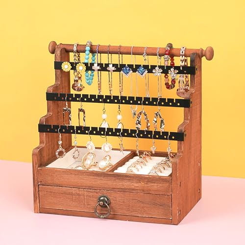KIYIYDMM Schmuck-Organizer-Ständer, 4 Etagen, großer Halskettenhalter mit Metall- und Holzsockel, Schmuckständer, Baum zur Präsentation, Armbänder, Ohrringe, Ringe, abnehmbar