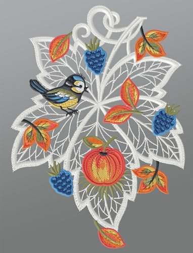 Plauener Spitze Fensterbild Herbstblatt mit Blaumeise (BxH) 21cm x 28cm, Mehrfarbig, Fensterdekoration und Fensterschmuck