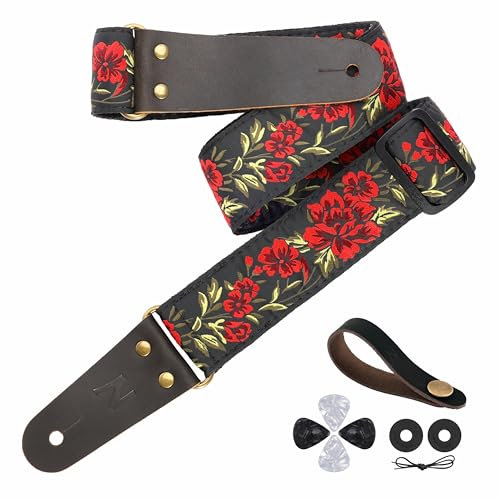 Nefelibata Gitarrengurt, 2 bestickte Gitarrengurte, Vollnarbenlederenden mit unsichtbarer Tasche, für Bass-, Elektro- und Akustikgitarren, kostenlose Schnalle, Gurtschloss und Plektren