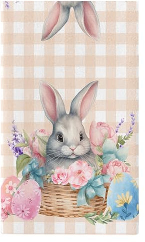 curfair Oster-Esszimmertuch, Raumdekoration, langlebig, Küche, dekorative Schale mit glücklichen Haseneiern, Frühlingsblumen, Segen, Mikrofaser zur Reinigung, saugfähig, weich