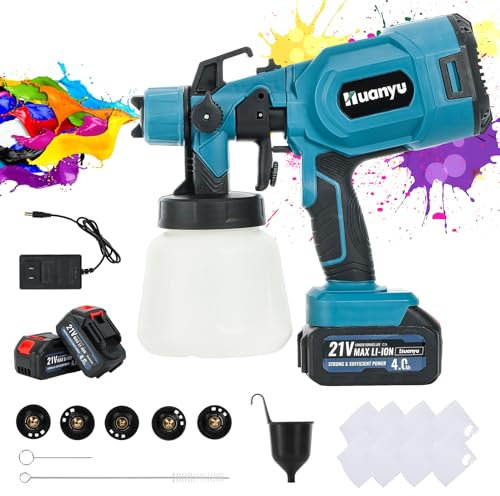 Huanyu Spruzzatore di vernice a batteria con 2 batterie da 21V 4.0Ah e 5 ugelli Potente pistola a spruzzo da 900 ml con 3 modelli Spruzzatore di vernice elettrico per la pittura di mobili domestici