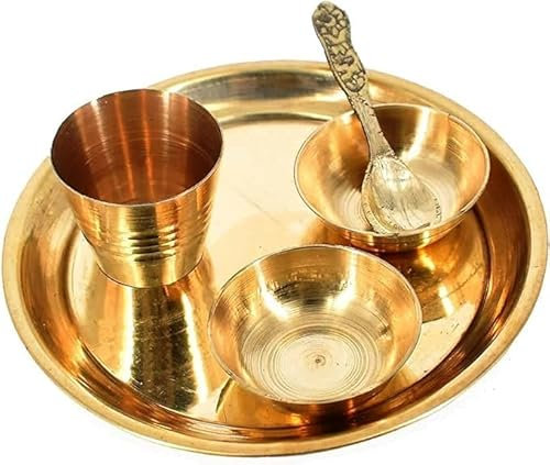 LUXCKY Pooja Thali Set 11 Inch Puja Thali with 11cm Plate Laddu Gopal/Krishna Pooja Set with 1 Thali 2 Katori, 1 Glass, 1 Spoon for Diwali Home Office Mandir Wedding Return Gift Items (Golden)