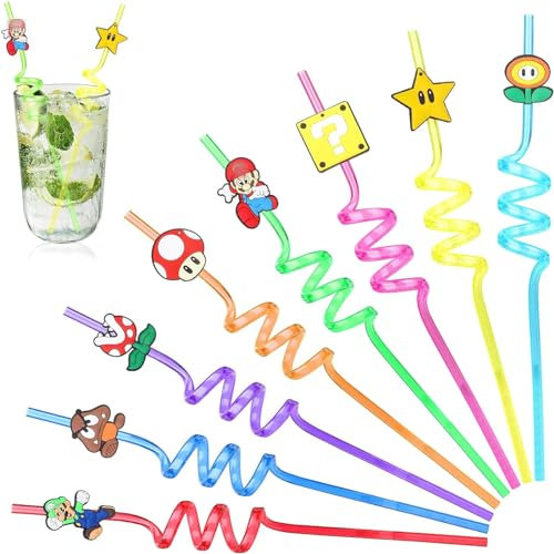 Super Mario Pajitas Reutilizables Niños, 8 Piezas Pajitas Rizadas para Niños, Pajas Multicolor, Reutilizables de Plástico Pajitas para Niños Fiesta de cumpleaños Decoraciones (Super Mario)
