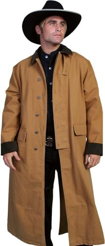 Men's Western Old COWBOY Long Duster Coat Full Length Canvas Jackets, Brown, XL
