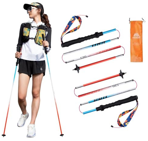 AONIJIE Trekkingstöcke, zusammenklappbar, Aluminiumlegierung, 7075, mit Anti-Schock- und Schnellverschluss-System, ultraleicht für Wandern, Camping, Bergsteigen, Trekking, 2 Stück (Blau Rot, 120 cm)