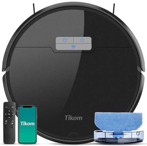 Tikom Saugroboter mit Wischfunktion 2 in 1, G8000 Max Staubsauger Roboter, 5000Pa Starke Saugkraft Roboterstaubsauger, Selbstaufladend, WLAN, 150Mins Max, Ideal für Tierhaare, Teppich, Hartboden, grau