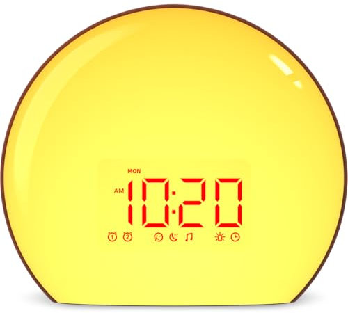 Magicteam Sonnenaufgangs-Wecker, natürliche Sonnenuntergangssimulation, 21 beruhigende Geräusche, Dual-Alarm, 6-fache Schlummerfunktion, 28 Klingeltöne, dimmbar, 12 Farben, Nachtlicht, 10