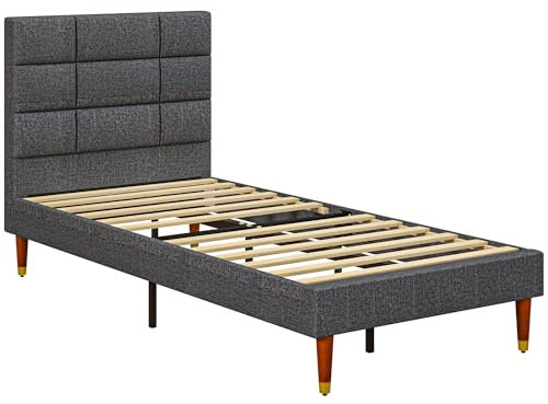 HOMCOM 3ft Single Bed Frame with Underbed Storage, Upholstered Platform Bed Frame with Tufted Headboard and Wood Slat Support, No Box Spring Needed, Easy Assembly, Grey