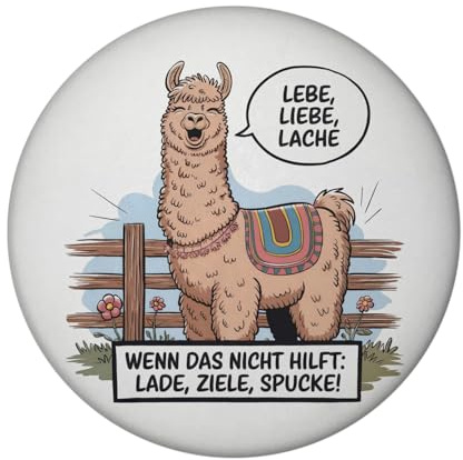 Lachendes Lama - Lebe Liebe Lache Magnet mit Flaschenöffner rund Runder Comic-Stil wolliges Lama mit bunter Satteldecke Lade, Ziele, spucke