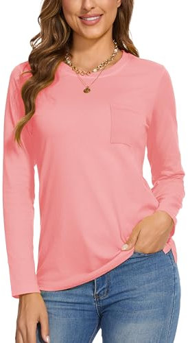 SMENG Tshirts Women UK Long Sleeve Basic T-Shirts Plain Crew Neck Cosy Casual Classic-Fit Tee Shirts Ladies Tops Pink XL